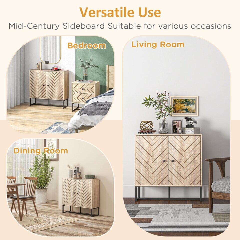 image 1 of HOMCOM Modern Storage Cabinet with Chevron Doors and Metal Base, Freestanding Sideboard with Adjustable Shelf for Living Room, Natural