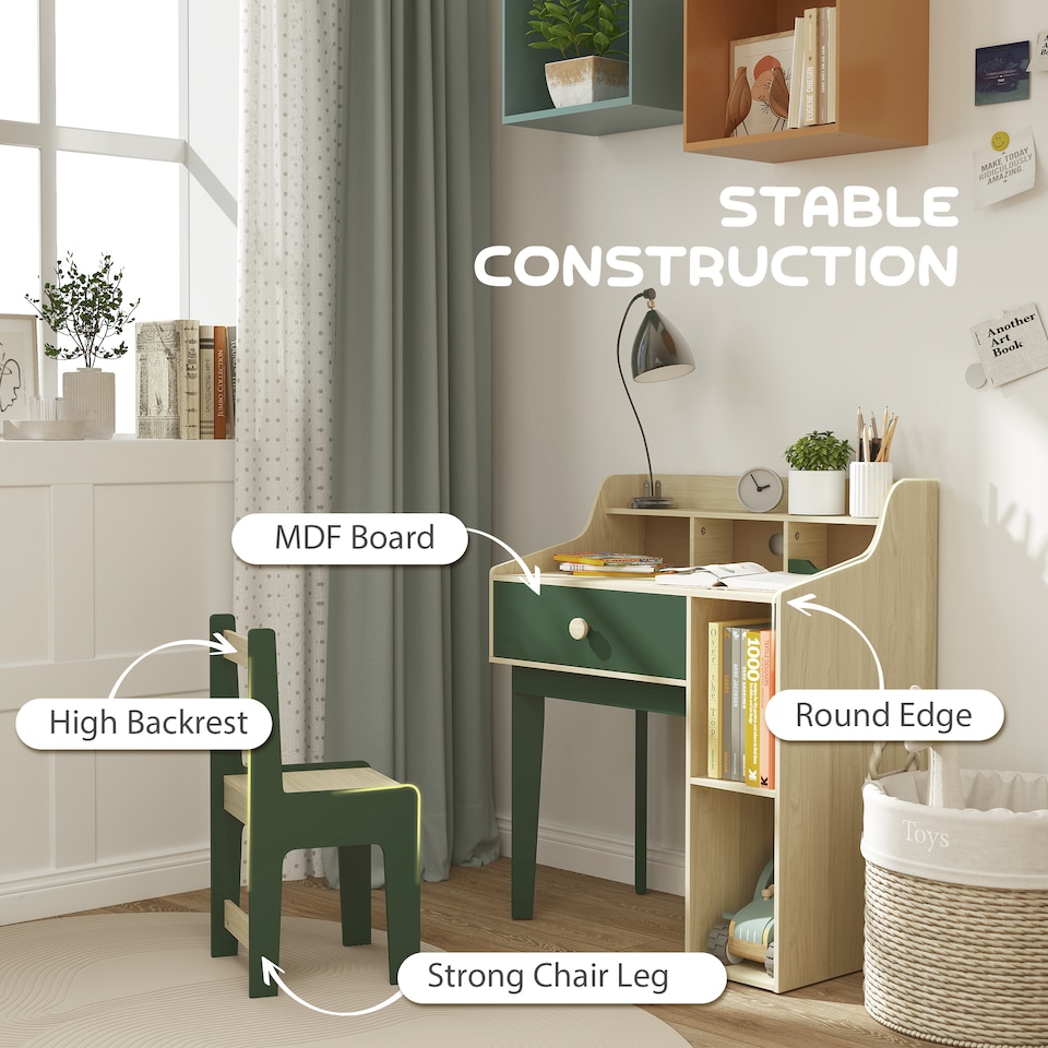 image 1 of AIYAPLAY Kids Desk and Chair Set with Storage Shelves, Drawer, Green