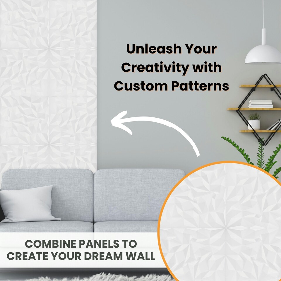 image 1 of NOVECRAFTO Diamond Effect 3D Wall Panels – 6 Sheets Covering 1.5 sqm (16.15 sqft) – Matte Interior PVC Cladding Tiles – 19.6"x19.6" Diamond Design Matt White