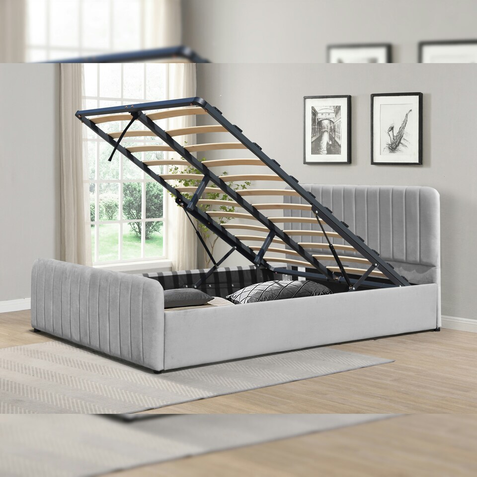 image 1 of 4ft6 Light Grey Brushed Velvet Gas Lift Ottoman Bedframe