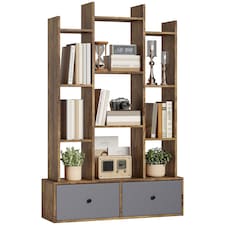 HOMCOM Tree Bookshelf, 12-Tier Floor Standing Bookcase with 2 Foldable Drawers, Freestanding Book Shelf Storage Display Shelving Unit for Living Room, Home Office, Bedroom, Rustic Brown