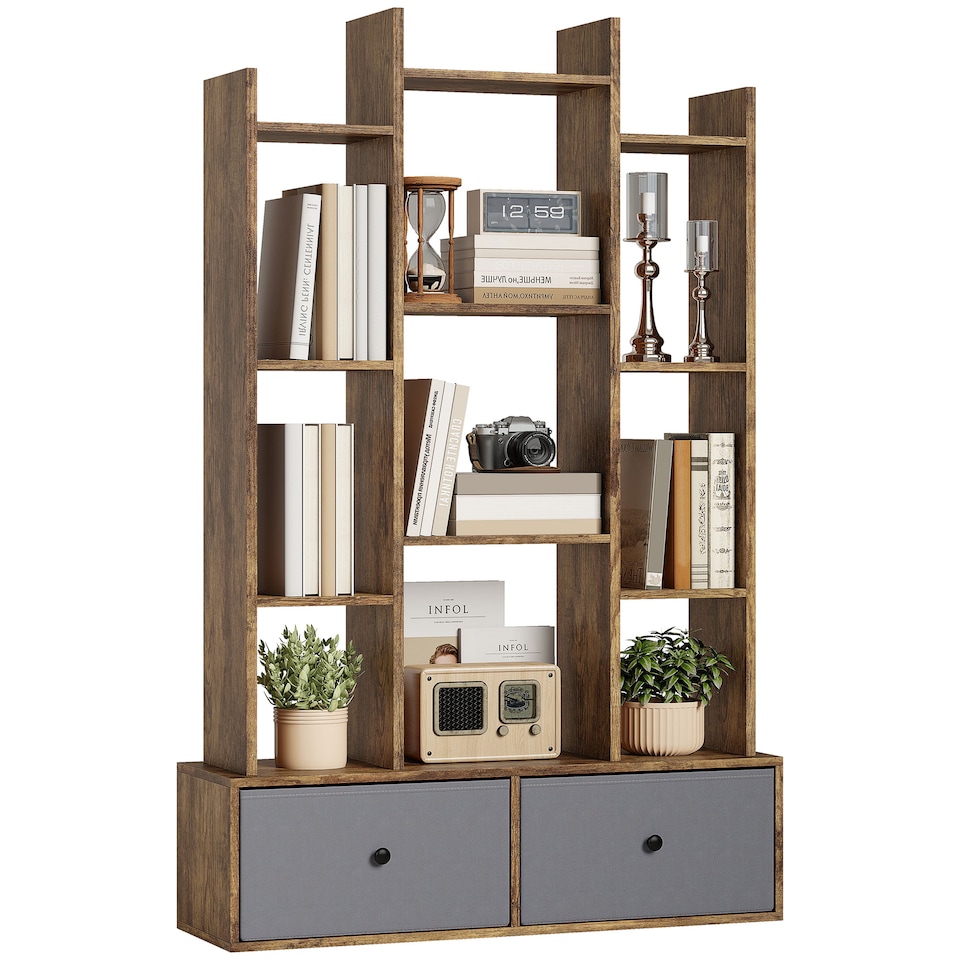image 1 of HOMCOM Tree Bookshelf, 12-Tier Floor Standing Bookcase with 2 Foldable Drawers, Freestanding Book Shelf Storage Display Shelving Unit for Living Room, Home Office, Bedroom, Rustic Brown