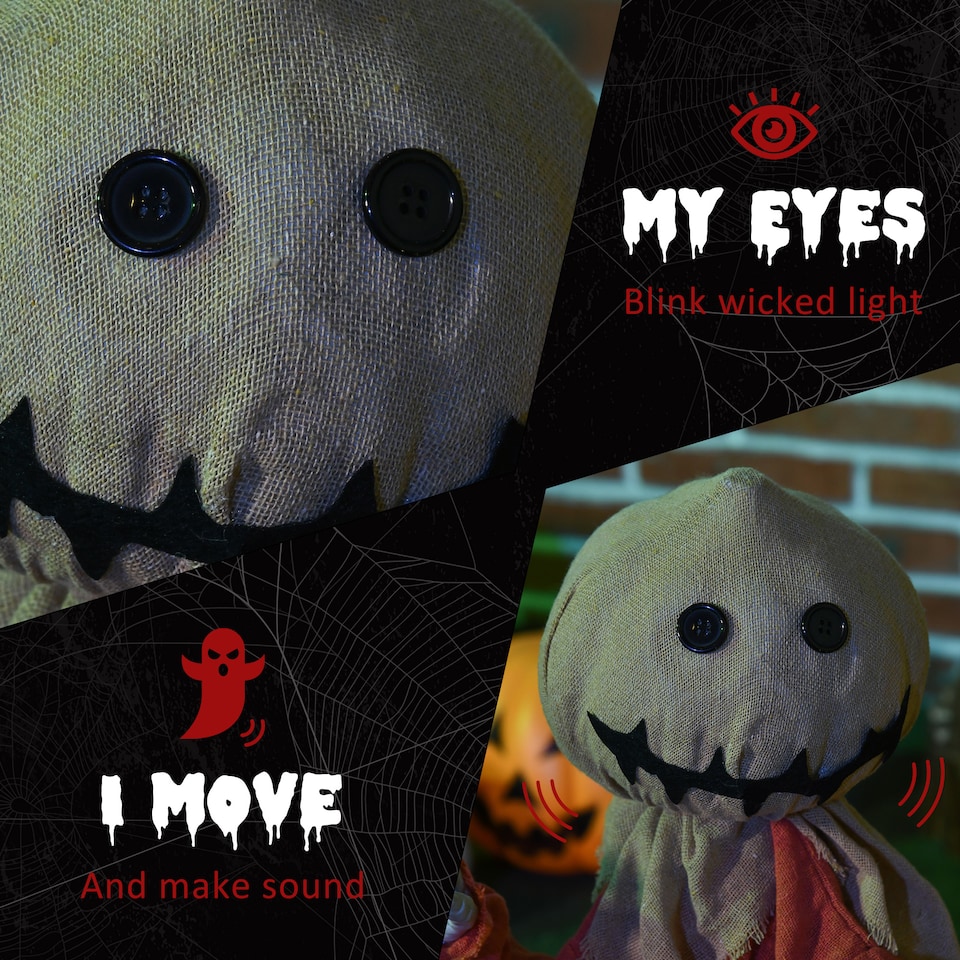 image 1 of HOMCOM 77cm Outdoor Halloween Decoration Scarecrow, Standing Scarecrow Prop Life Size with Sound and Motion Activated, Light Up Eyes, Howling Sound, Posable Arms, Moving Hands