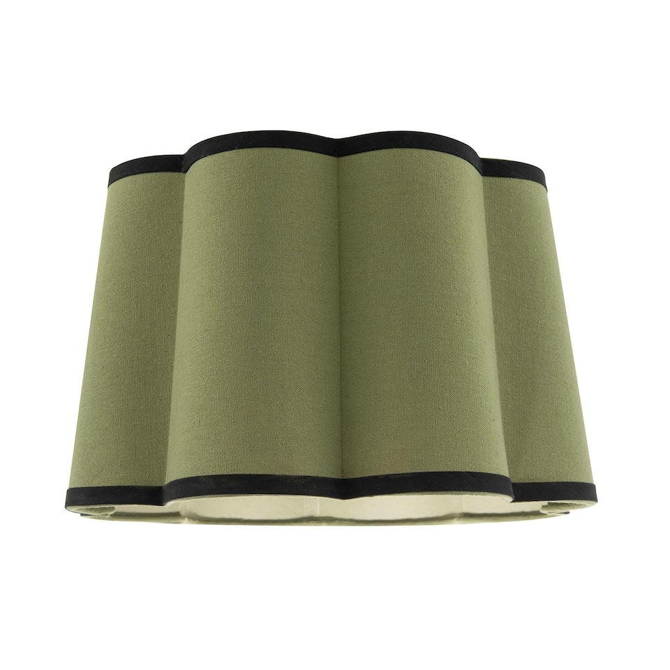 image 1 of Olive Green Linen Scallop Drum Lamp Shade with Black Cotton Trims Green