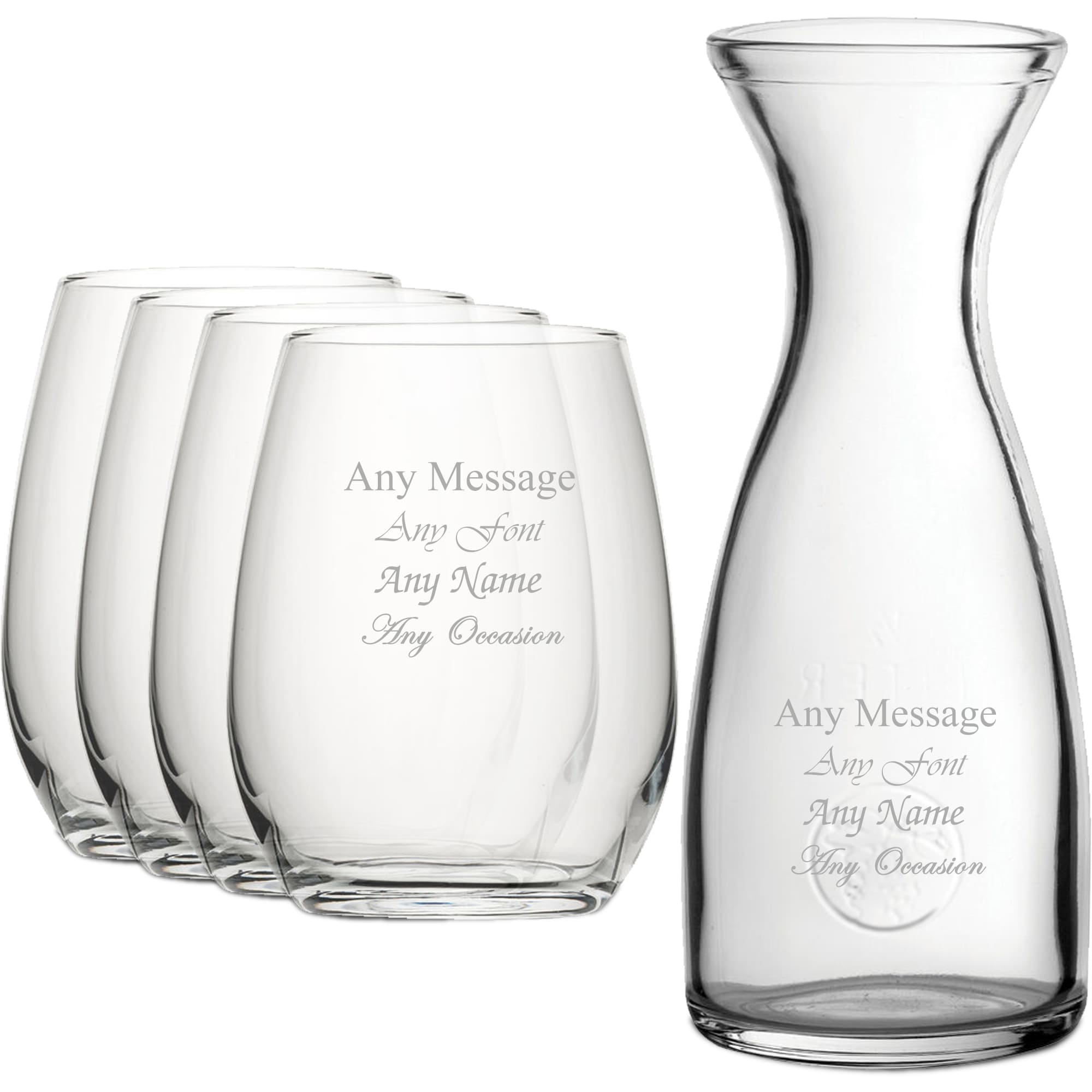 Personalised Engraved Set of 4 Stemless Wine Glass 1 Litre Carafe Set