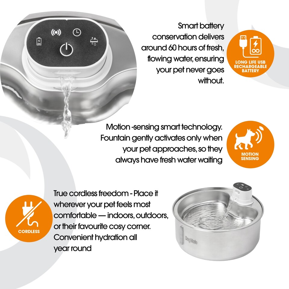 image 1 of Dog Mate 8 Litre Stainless Steel Cordless Pet Water Fountain | Silver