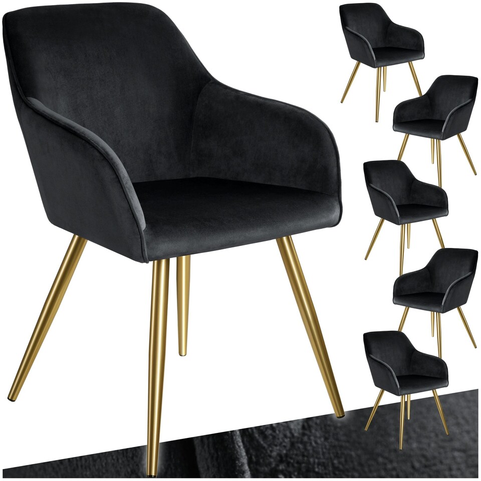 image 1 of Chair Marilyn - with armrests, padded, velvet look, golden steel legs - Set of 6 Black | Black/Gold