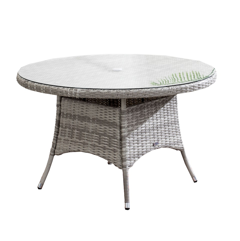 image 1 of Direct Wicker Outdoor 4‑Person Rattan Round Dining Table, Aluminum Frame with Tempered Glass Top & Umbrella Hole