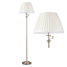 First Choice Lighting Antique Brass Swing Arm Floor Lamp with White Pleated Shade Bronze | White