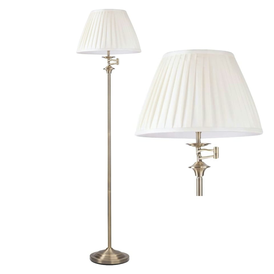 image 1 of First Choice Lighting Antique Brass Swing Arm Floor Lamp with White Pleated Shade Bronze | White
