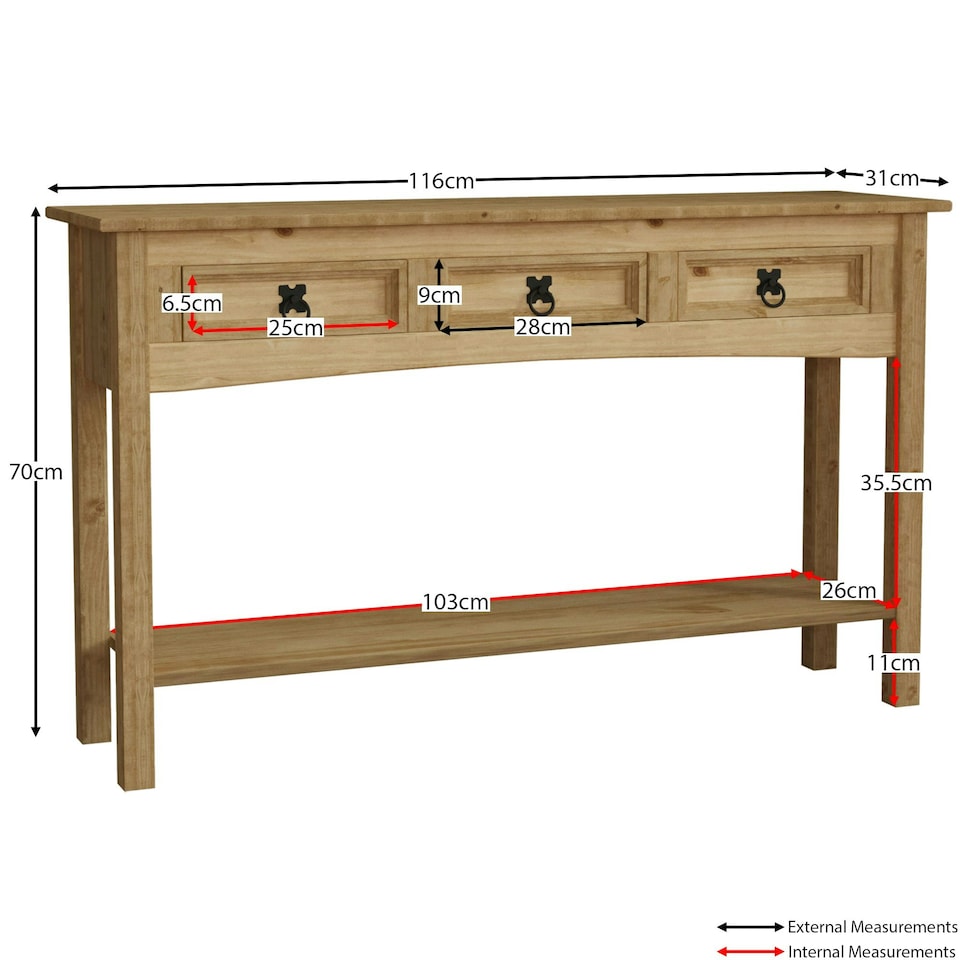 image 1 of Vida Designs Corona 3 Drawer Console Table With Shelf, Solid Pine Wood
