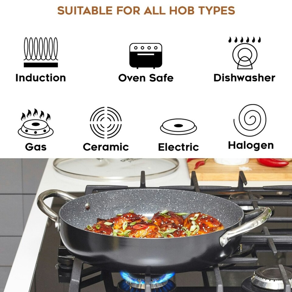 image 1 of Durastone Black 28cm Shallow Casserole Pan with Lid, Oven Safe, All hob Compatible