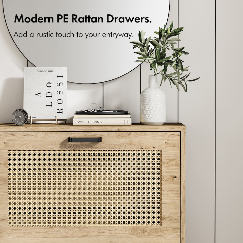 image 1 of VonHaus Rattan Shoe Storage Cabinet for Hallway with 3 Tier Drawers