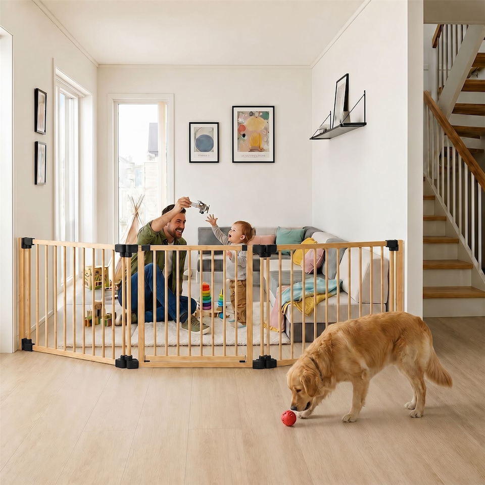 image 1 of Safetots Wooden Multi Panel Room Divider, up to 136cm, Natural Wood, 76cm Tall, Flexible Room Divider for Baby and Toddler | Cream | Natural