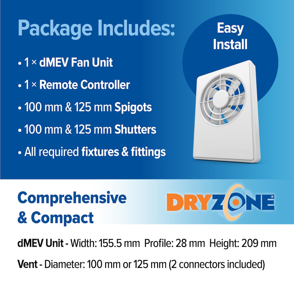 image 1 of Dryzone Bathroom & Kitchen Ventilation & Mould Cleaning Kit, dMEV Extractor Fan with Humidity Sensor (100-125mm, White)