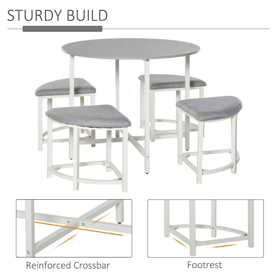 image 1 of HOMCOM Modern Round Dining Table Set with 4 Upholstered Stools, Dining