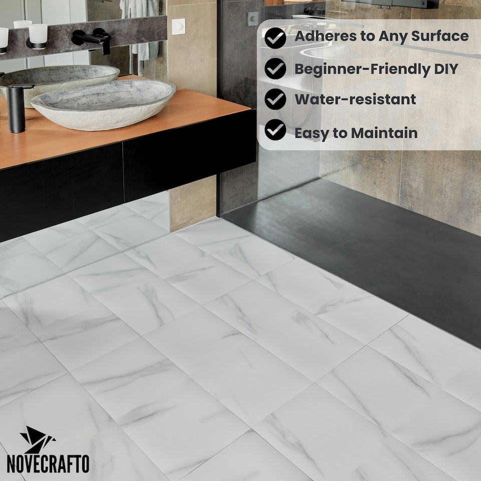 image 1 of NOVECRAFTO Vinyl Floor Tiles Self Adhesive – 12x24in Peel and Stick Waterproof Rectangular Flooring for Kitchen & Bathroom – White Marble Effect Design White | 5.57 sqm