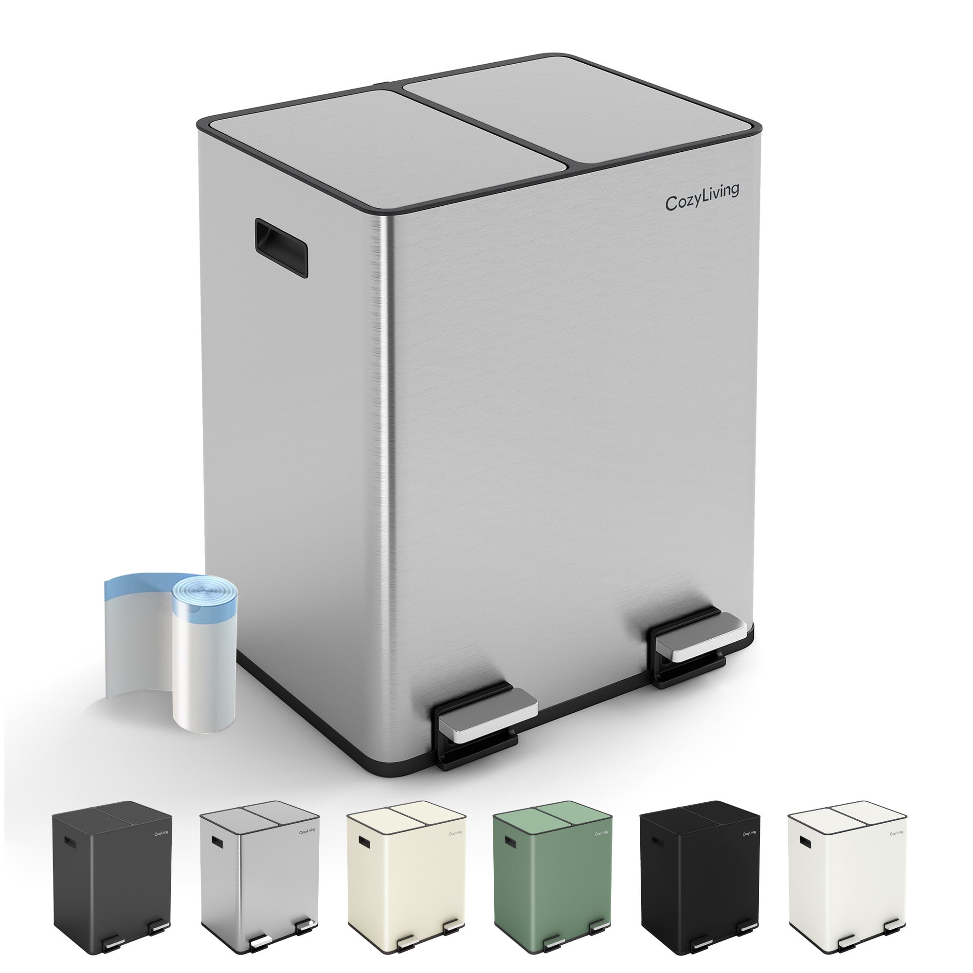 MCC Direct 30L Dual Pedal Bin for Recycling & General Waste Kitchen Bin (2x15L) in Silver
