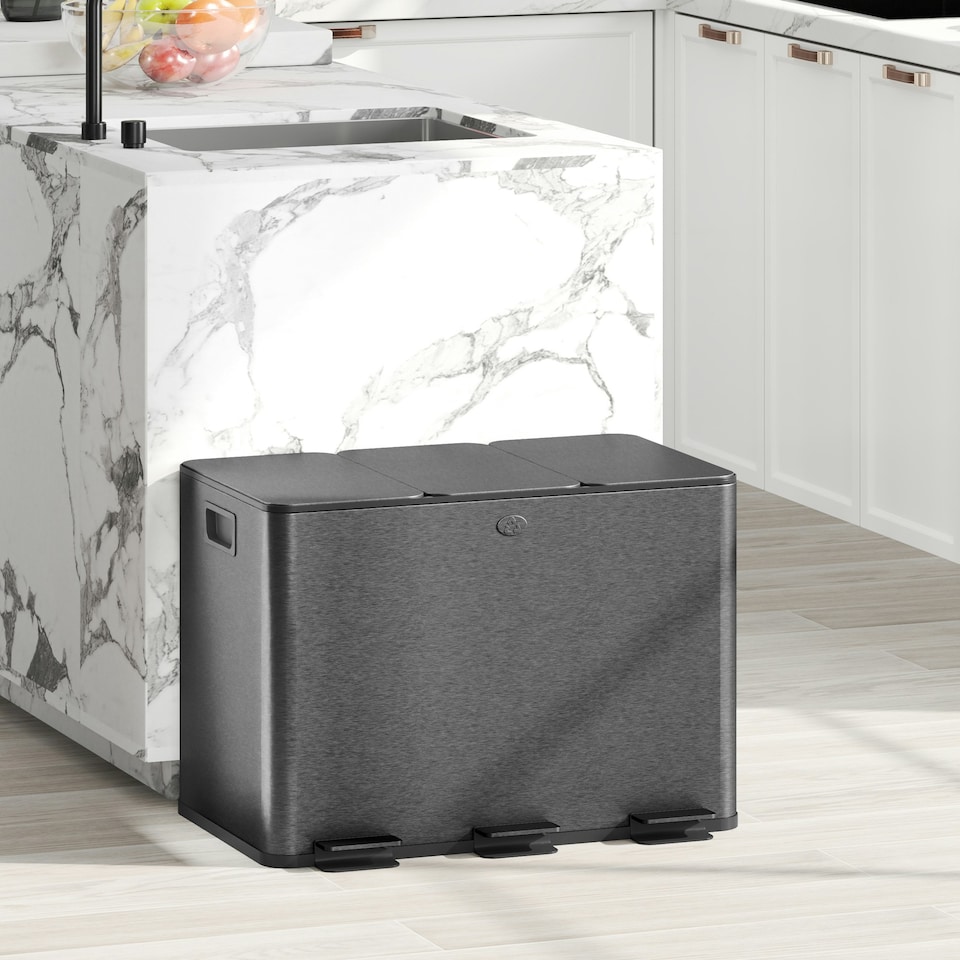 image 1 of HOMCOM 3 x 20L Triple Kitchen Bin Pedal Bin for Recycling and Waste, Black Black | 61.9L x 36.6W x 56.7H cm