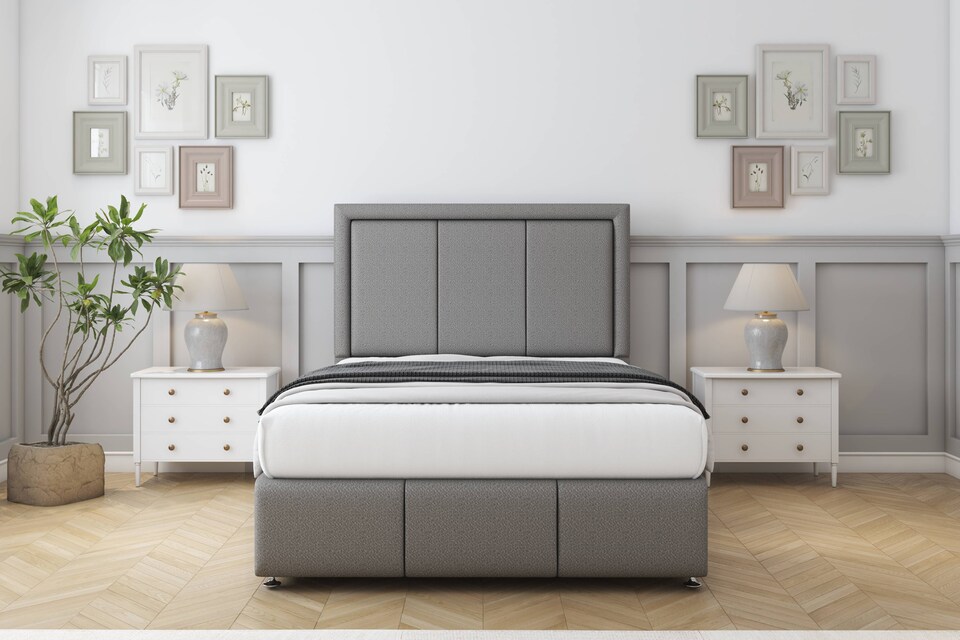 image 1 of Sloomy Lancaster Pewter Dumfries Divan Bed With Mattress 2 Drawers Right Side With 26" Strutted Headboard & 12" Matching Footboard 4' Small Double | Grey | Pewter | Small Double | 1