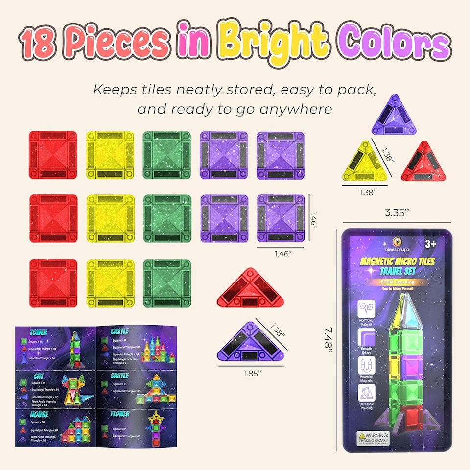 image 1 of Desire Deluxe Micro Magnetic Tiles Building Blocks Toy STEM Educational Travel Size Magnetics Blocks for Kids, Preschool Sensory Montessori Toddler Magnetic Toys for Boys & Girls 3 plus Years Old 18PCS Glitter