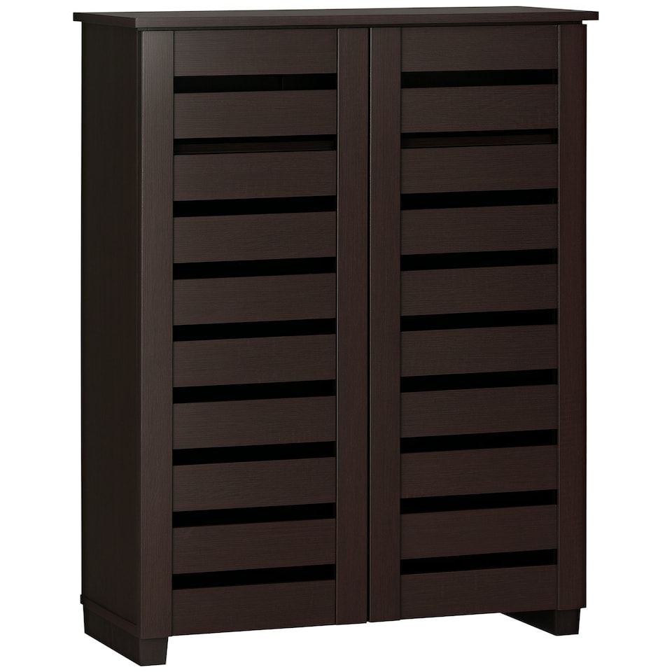 image 1 of HOMCOM Narrow Shoe Cabinet for Entryway, 5-Tier Slim Shoe Storage Cabinet with 2 Slatted Doors and Adjustable Shelves for 15 Pairs, Dark Brown | Brown