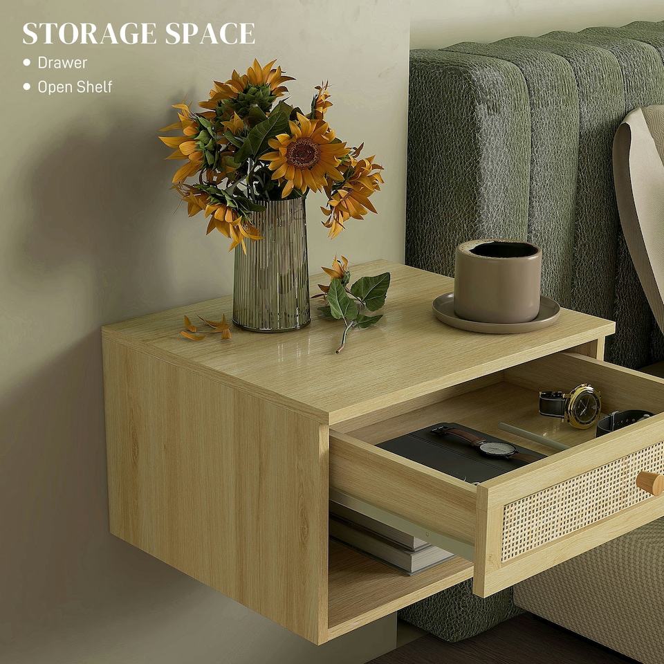 image 1 of Floating Nightstands Set of 2 with Rattan Drawer and Storage Shelf for Bedroom