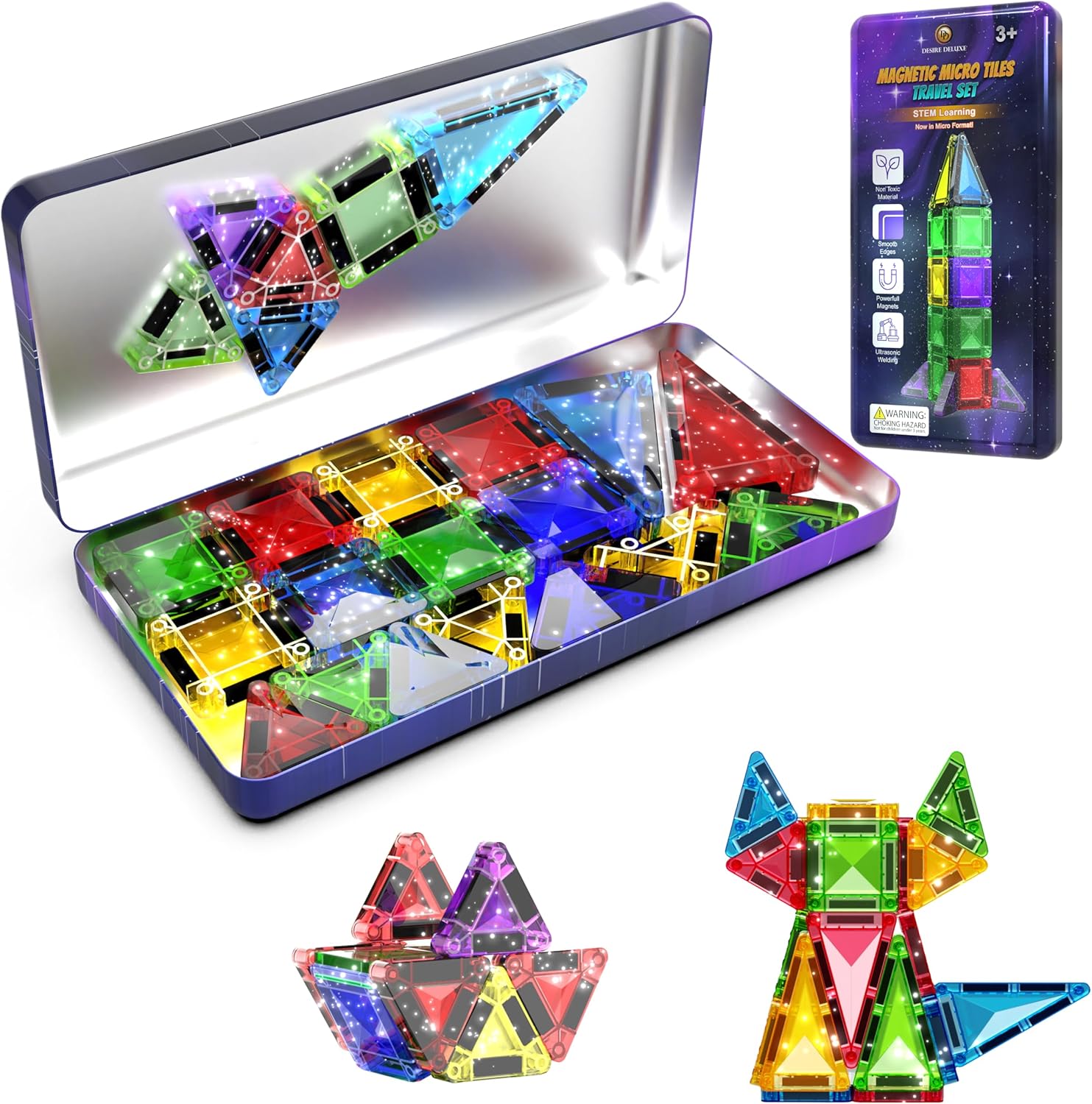 Desire Deluxe Micro Magnetic Tiles Building Blocks Toy STEM Educational Travel Size Magnetics Blocks for Kids, Preschool Sensory Montessori Toddler Magnetic Toys for Boys & Girls 3 plus Years Old 28PCS Glitter