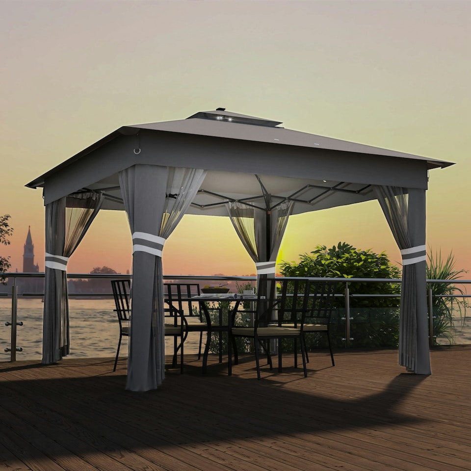 image 1 of Outsunny 3.36x3.36m Pop Up Gazebo w/ Solar-Powered LED Lights Netting Grey