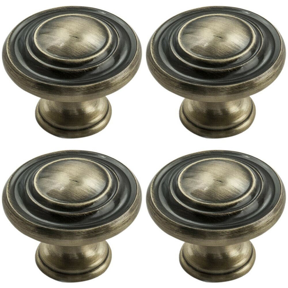 Loops 4x Round Ringed Pattern Door Knob 32mm Diameter Antique Burnished Brass Handle in Metallics