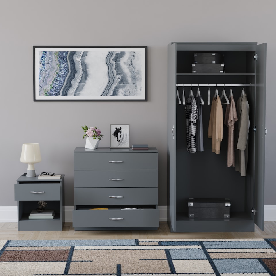 image 1 of Vida Designs Riano 3 Piece Bedroom Set (1 Drawer Bedside Chest, 4 Drawer Chest, 2 Door Wardrobe), Grey (4)