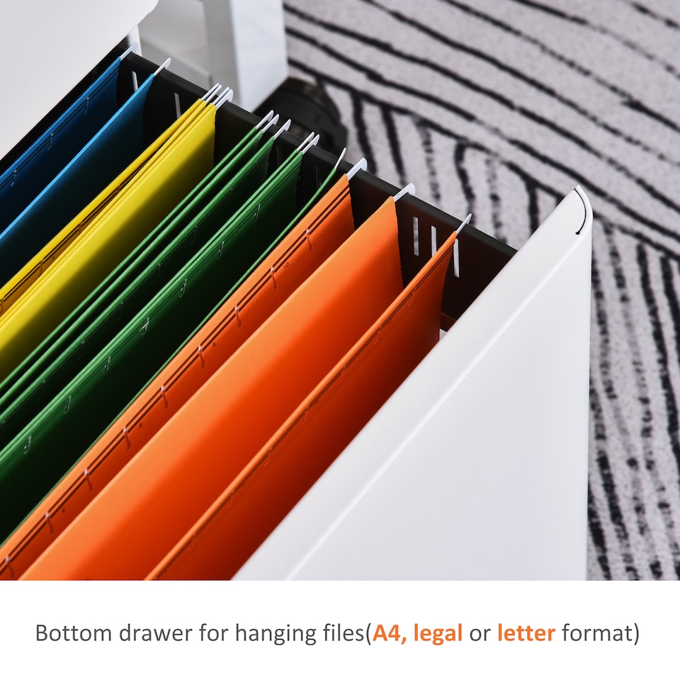 image 1 of Vinsetto 3-Drawer Mobile Filing Cabinet, Steel Lockable File Cabinet for A4, Legal, Letter, Compact Under Desk Storage Unit with Pre-Assembled Body Except Wheels for Home Office, 39 x 48 x 59cm, White