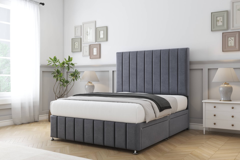 image 1 of Sloomy California Steel Plush Divan Bed Base 4 Drawers With 54 Inch Floor Standing Headboard & 12 Inch Matching Footboard | Grey | Steel | Small Double | 1