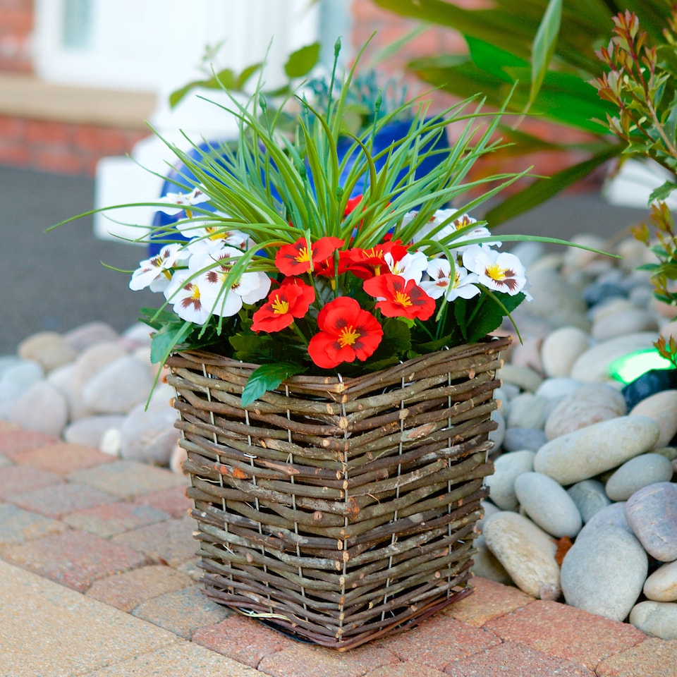 image 1 of Best Artificial Pre-Made 44cm Red & White Pansy Flowers in Rattan Wicker Planter Pot - Suitable For Outside Use | Red | Red and White | 1