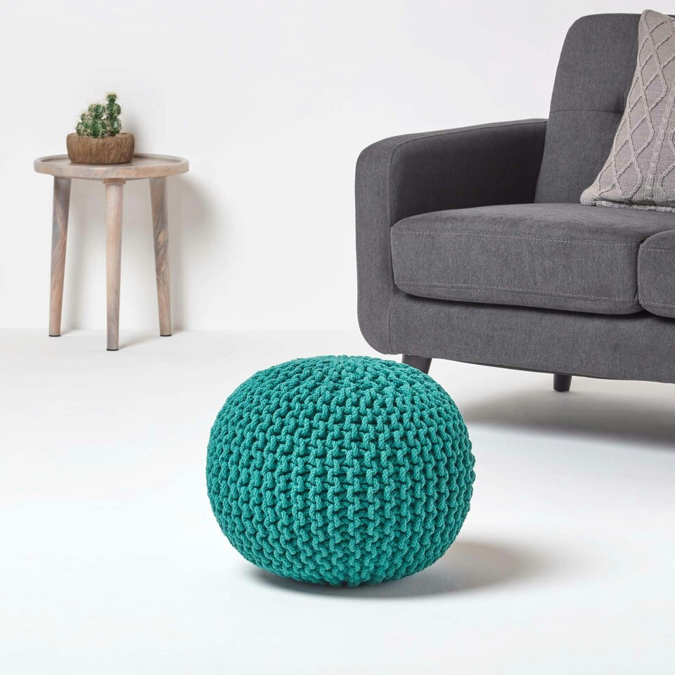 image 1 of Homescapes Teal Green Round Cotton Knitted Pouffe Footstool - 35 x 40 cm