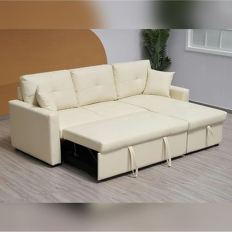 image 1 of Milano 3 Seater L Shape Pullout Sofa Bed with Deep Storage Compartment & Reversible Chaise Cream | Beige