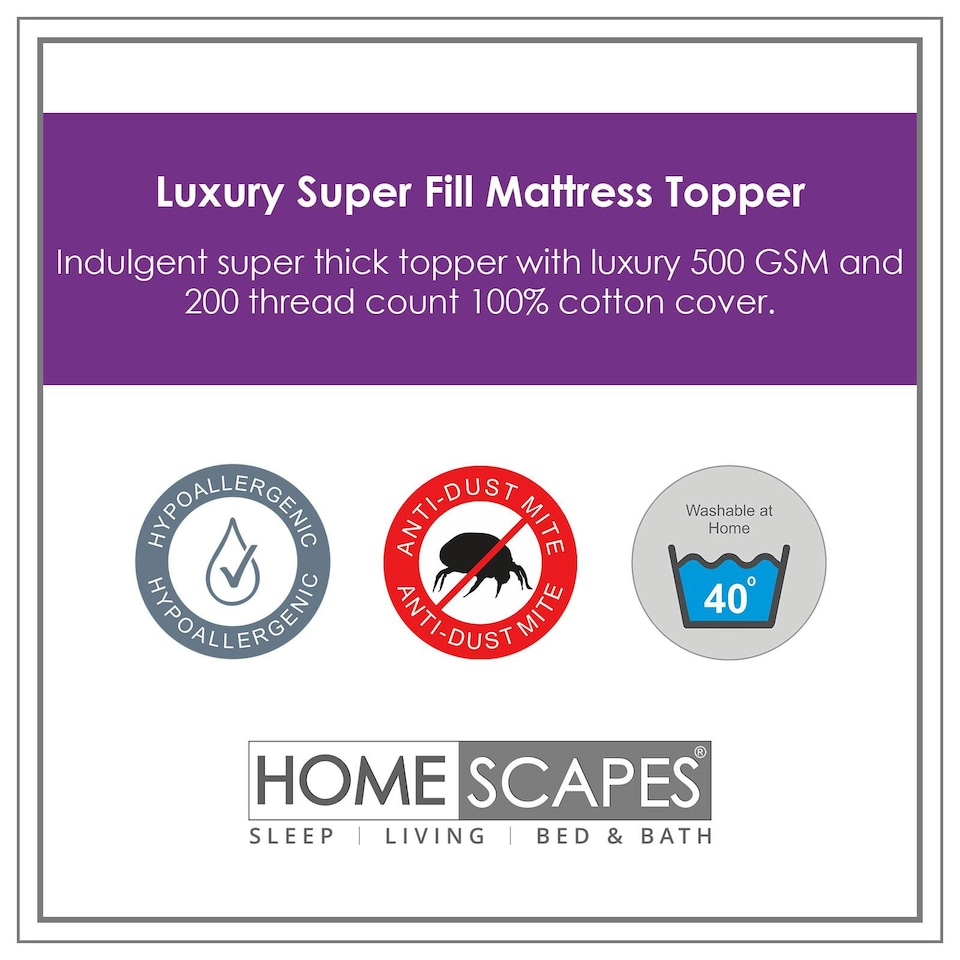 image 1 of Homescapes Luxury Extra Thick 500 GSM Cotton Mattress Topper - Double | White | Double