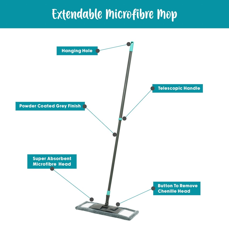 image 1 of JVL Super-Absorbent Microfibre Extendable Flat Floor Mop, Grey