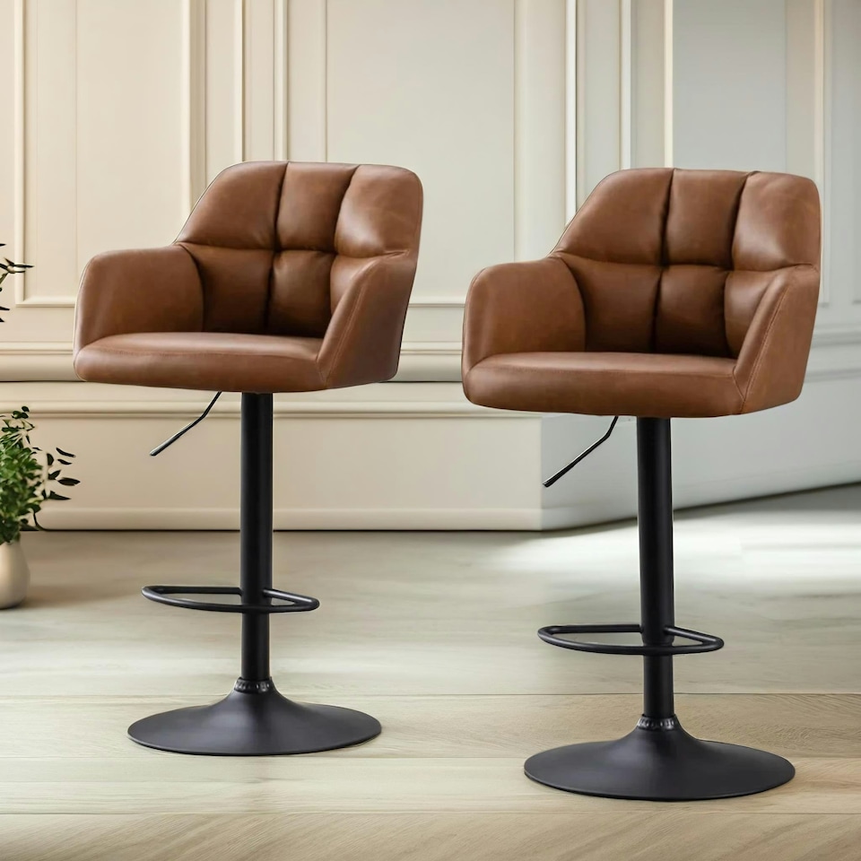 image 1 of 2PC Height Adjustable 360 PU Leather Swivel Barstools Set With Armrest Brown Brown