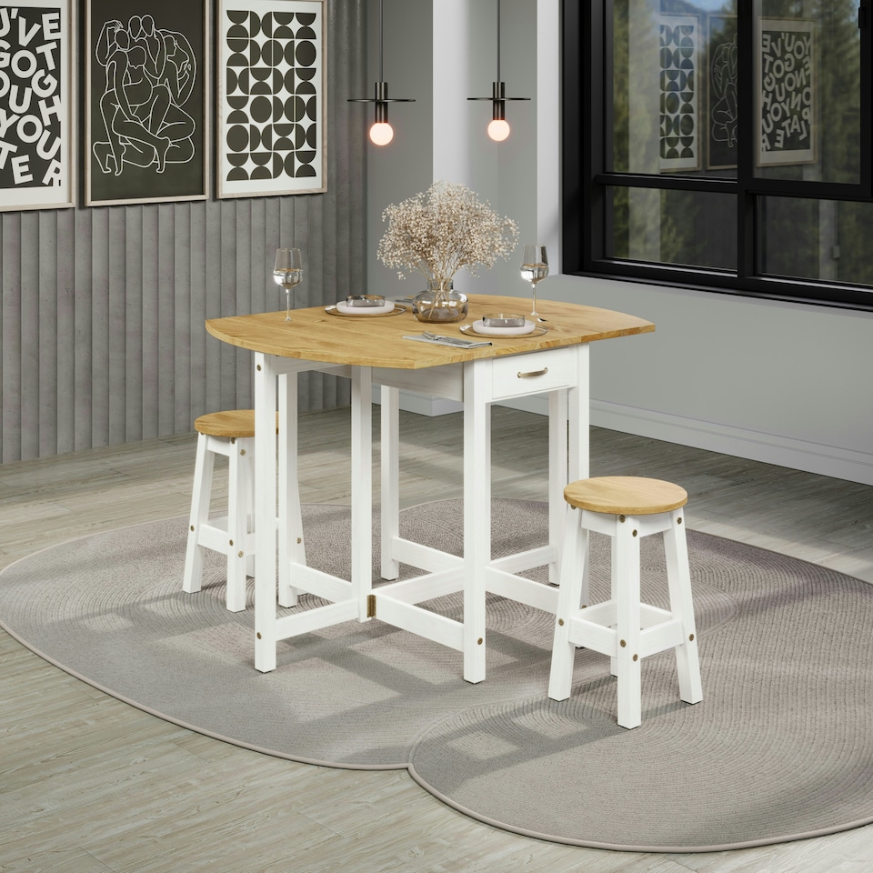image 1 of Premium Corona Oval Breakfast Dining Set with Drop Leaf Gateleg Table and 2 Stools - Grey or White Waxed Pine | White | White | One Size | 1