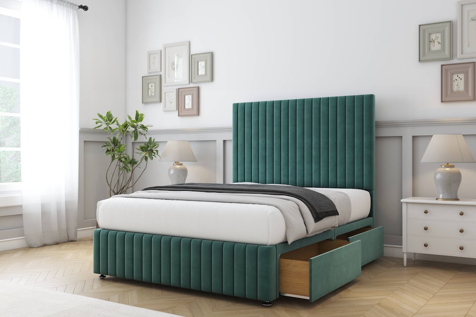 image 1 of Sloomy Madison Emerald Plush Divan Bed With Mattress 2 Drawers Right Side With 54" Floor Standing Headboard & 12" Matching Footboard 4' Small Double | Green | Emerald | Small Double | 1