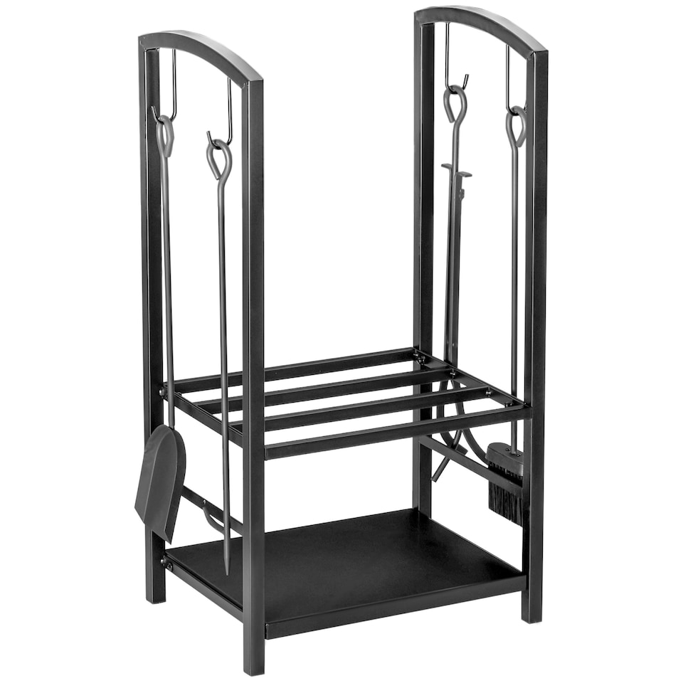 image 1 of Outsunny Firewood Rack Log Holder Wood Storage with Hooks 4 Tools Black