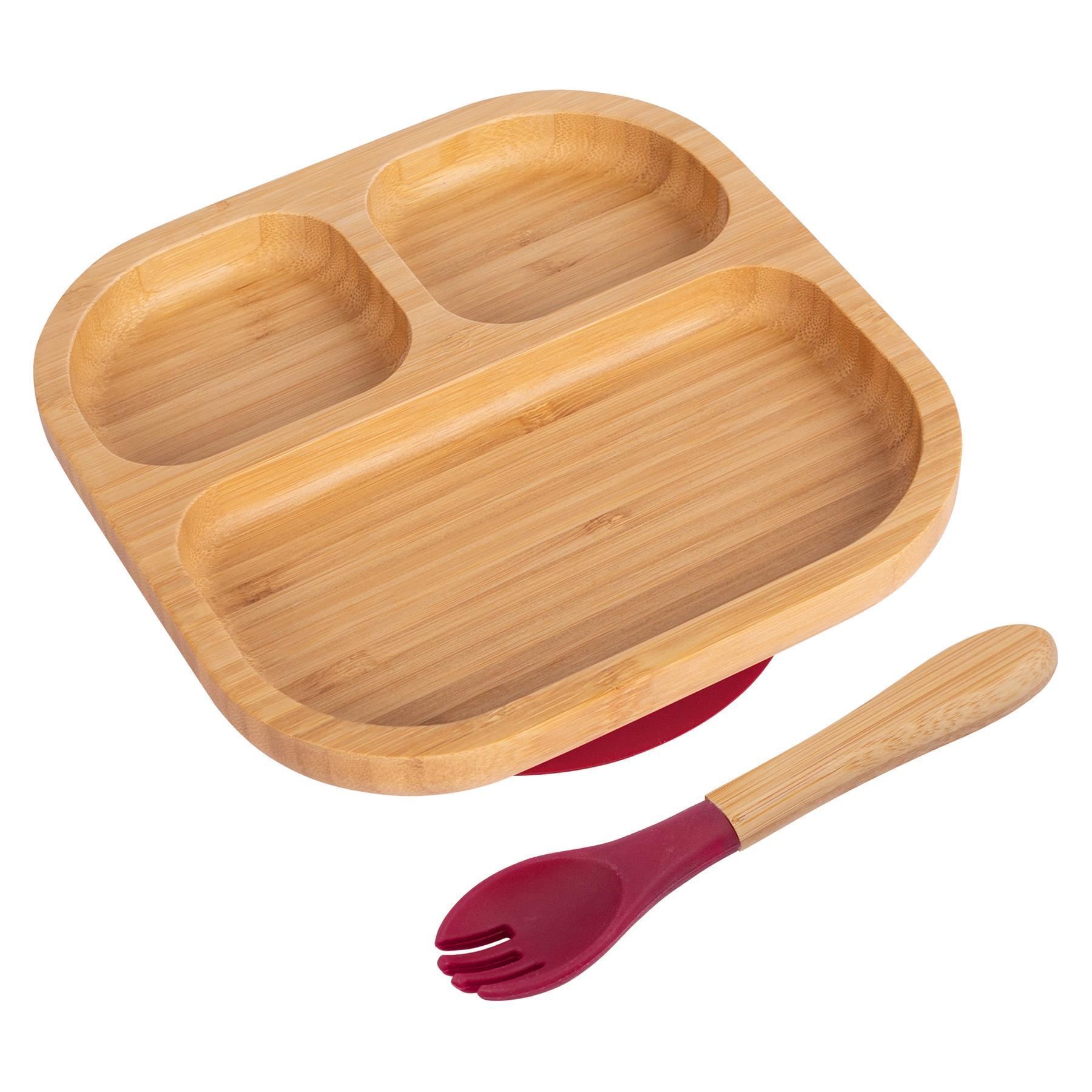 Tiny Dining Bamboo Weaning Plate & Fork Set - Segmented/Red - Divided Non-Slip Bamboo Baby Self-Feeding Weaning Plate & Cutlery