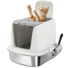 PawHut Stainless Steel Litter Box, Enclosed Metal Cat Litter Tray with Scoop White | One Size