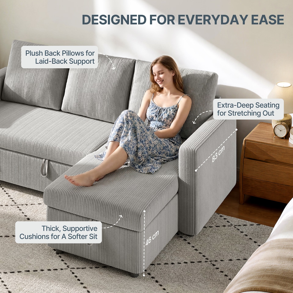 image 1 of Yaheetech 3 Seater Convertible Sectional Sofa with Reversible Chaise, Pull-Out Sleeper Bed and Storage Compartment, L-Shaped Couch, Light Grey