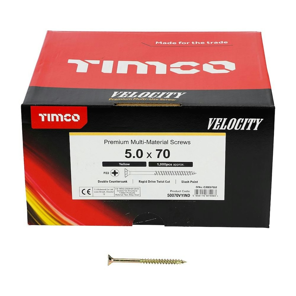 image 1 of Timco - Velocity Premium Multi-Use Screws - PZ - Double Countersunk - Yellow (Size 5.0 x 70 - 1000 Pieces)
