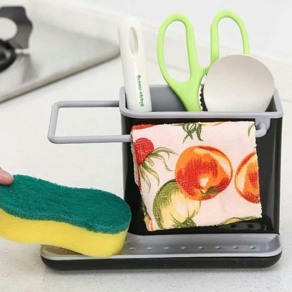 image 1 of Living and Home Kitchen Sink Storage Sponge Cloth Holder - Black & Grey
