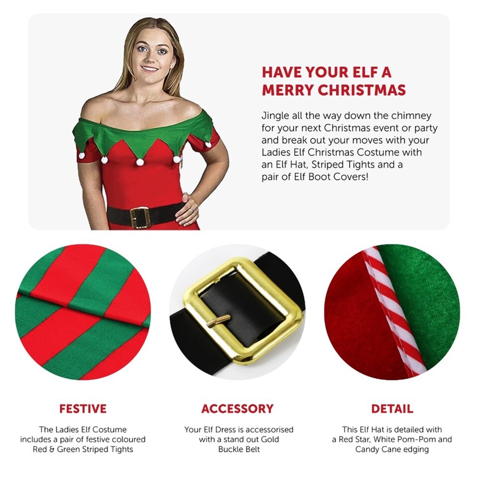 image 1 of Elf Costume - Dress, Tights, Boots & Hat | Multi | L