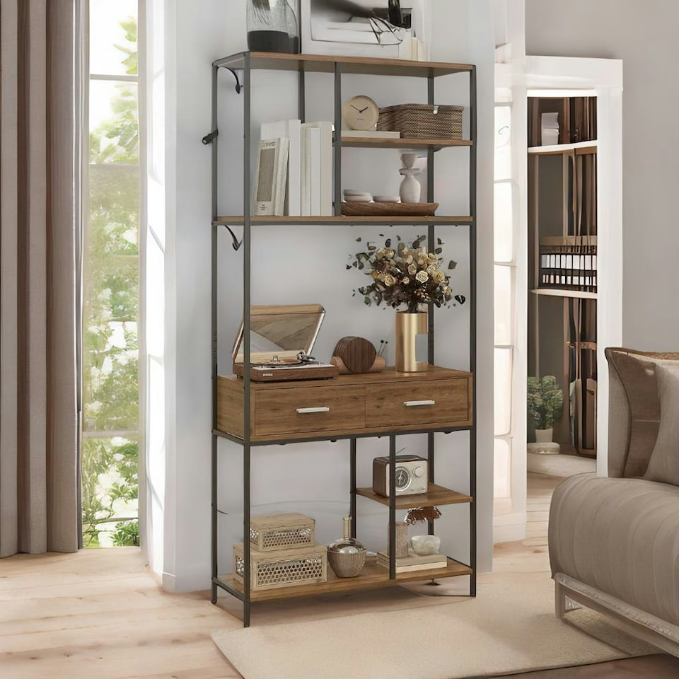 image 1 of Industrial Bookcase With 2 Large Drawers and Shelves Brown Brown | One Size