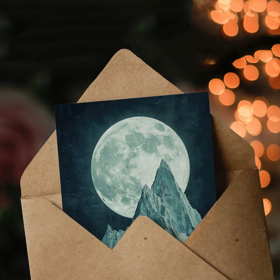 image 1 of Alpine Mountain Range Peak Full Moon Fantasy Art Birthday Greeting Card